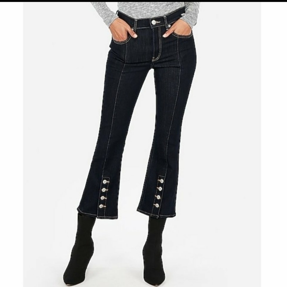 Express high waist button hem cropped flair stretch jeans